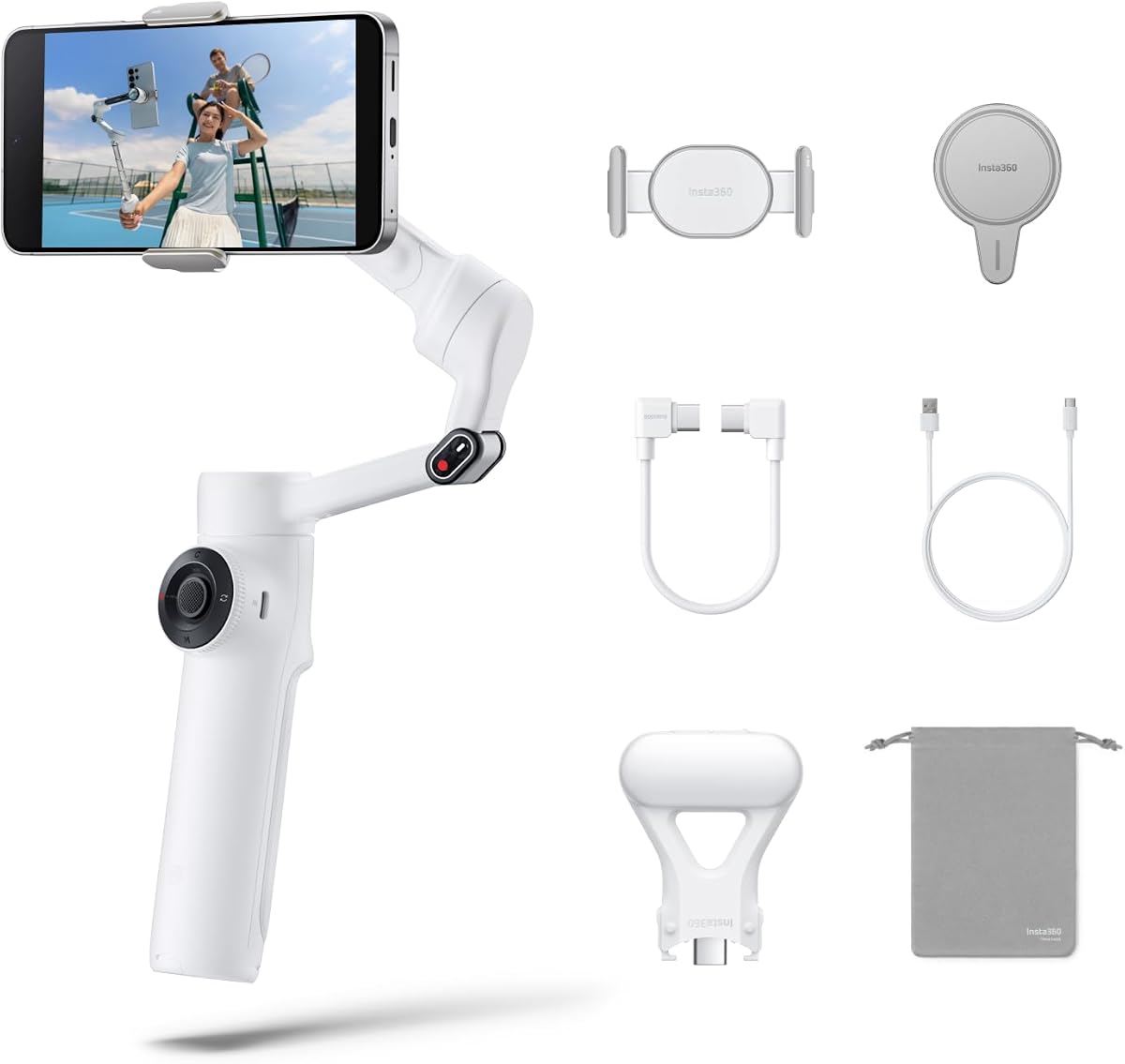 Insta360 Flow 2 Snap & Shoot Bundle Blanco - Cardán de teléfono AI plegable para iPhone/Android, seguimiento de varias personas, trípode/palo selfie incorporado, control remoto, estabilizador de teléfono de viaje con foco