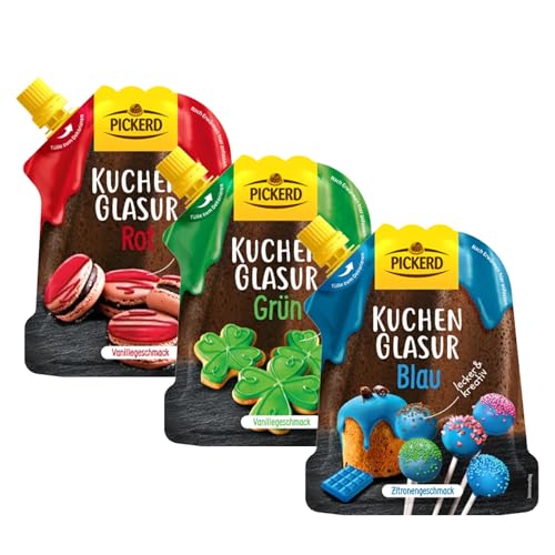 Pickerd Kuchenglasur 3er-Pack Rot Blau & Grün je 125g Vanille- & Zitronengeschmack Perfekt zum Dekorieren und Glasieren von Kuchen Muffins Torten & Gebäck Einfach in der Anwendung
