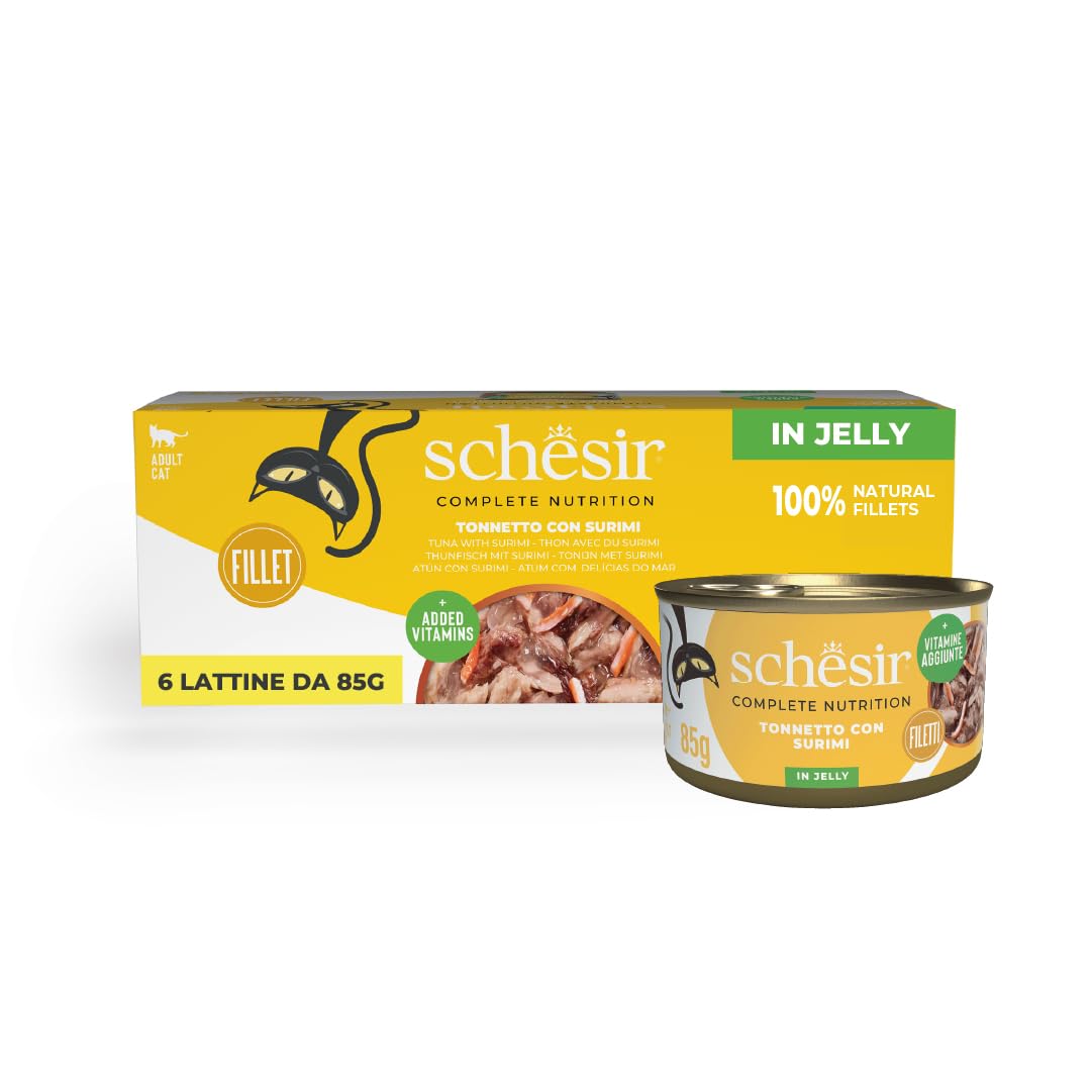 Schesir, Atún con Surimi en Gelatina, Comida Húmeda Completa para Gatos, en Latas, Con Vitaminas Añadidas, 100% Natural, 6 x 85g