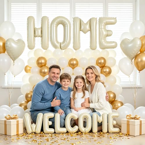 Image of TONIFUL 2 Size Cream White WELCOME HOME Foil Letter Balloons Banner Decor