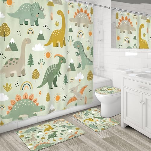 Image of 4PCS Kids Dinosaur 71Wx71H Inches Green Plant Leaves Botanical for Boys Shower Curtain Sets with Rugs, Toilet Lid Cover and Bath Mat, Cute Bath Accessories Art Home Decor Fabric 12 Pack Hooks