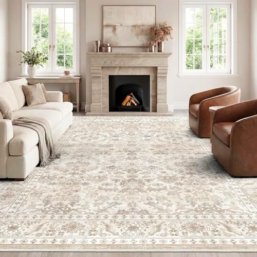 HOMFINE Beige Tapis Salon Vintage 200x300 cm Lavable en Machine Antidérapant Grand Tapis Salon Doux Poil Court pour Chambre Adulte, Salle à Manger, Cuisine