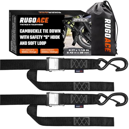 RUGOACE 2PK 1.5 x 8FT Motorcycle Tie Down Straps 3 000lb Break Strength Heavy Duty Cambuckle Safety S-Hooks & Soft Loops for Dirt Bike ATV UTV Boat and Kayak Durable and Easy to Use Black