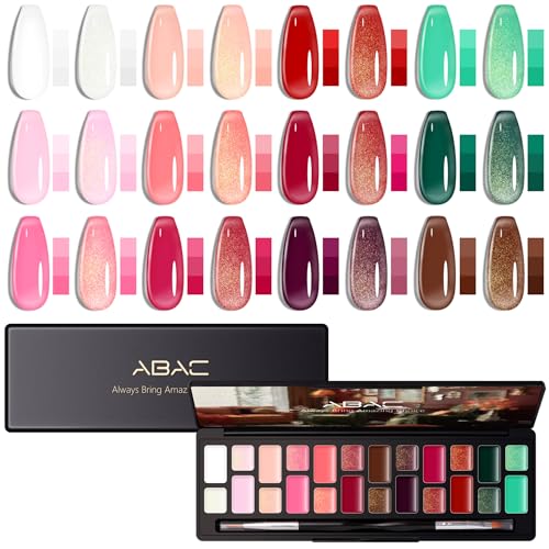 ABAC Solid Jelly Gel Nail Polish Set Hema Free Sheer 24 Colors w/Dual Brush - Nude Pink,Burgundy,Mocha & Sage Green Transparent Shades,Fall/Winter Collection,Long-Lasting & Salon-Quality Gel Kit