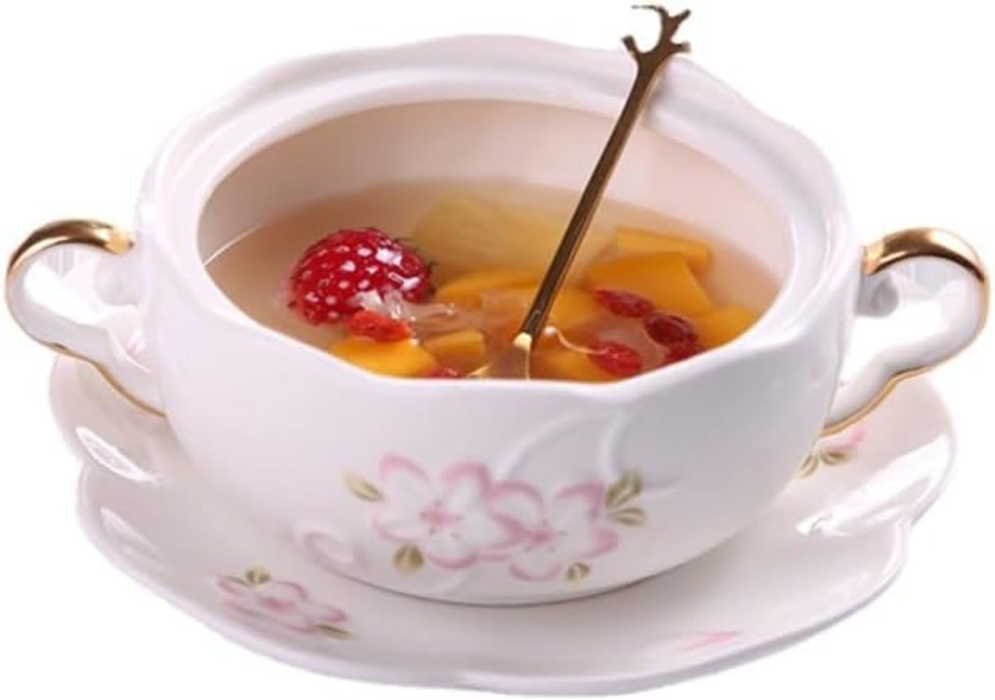 DRWG和風陶磁器取っ手付き蓋付き椀釉下彩浮き彫り花柄デザート椀 蒸し卵・スープ・朝食・フルーツ・サラダ用 大人向け家庭用あふれる和