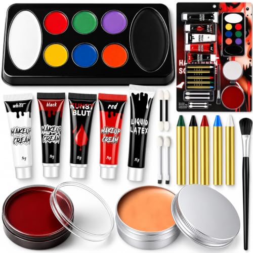 Maquillaje Halloween con Sangre Falsa, Pintura Cara Halloween Kit SFX | con Paleta de 8 Colores, Cremas Blanca Negra Roja, Líquido SFX, Cera para Cicatrices, Sangre en Tubo y Tarro, 5 Lápices
