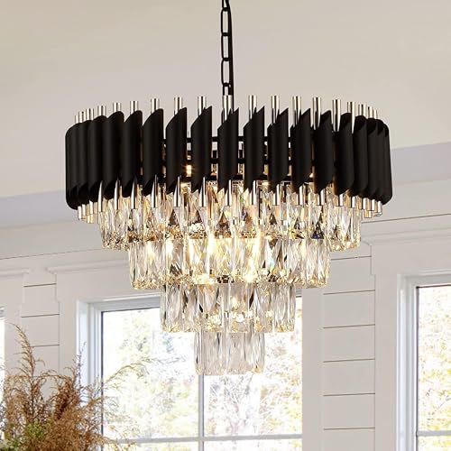 Image of Manraj Modern Crystal Chandelier, 500 mm Round, 3-Tier Black and Gold, K9 Crystal Ceiling Light Fixture for Living Room and Hallway (Black & Gold, 500mm)
