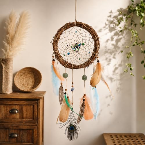 Rattan Dream Catcher Boho Wall Decor, Natural Goose Feather Crystal Hanging