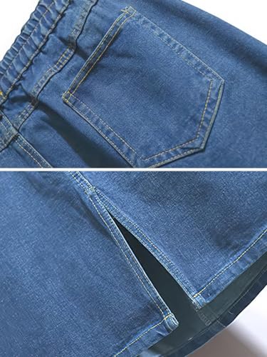 ebossy Women's Elastic Waist Back Slit Denim Midi Skirt Casual Work Pockets Pencil Jean Skirt4