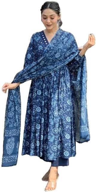 Women's Printed Anarkali Kurta and Trousers Set with Dupatta