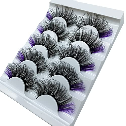 Ruishow False Eyelashes With Purple Colored Strip Faux Mink Lashes Colored Mink Lashes Fluffy Purple Lashes Wispy Cosply Costumes Strip Lashes Pack 5 Pairs #TOP3