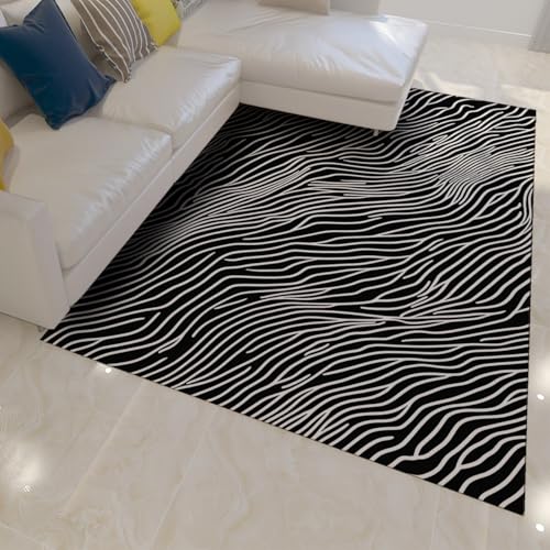 Tapis vagues noir et blanc antidérapant facile à nettoyer pour salon