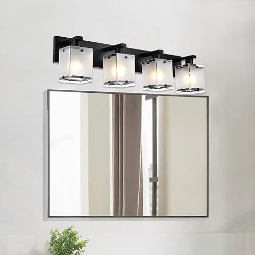 Miniatura 2 de WINSHEN Iluminación de tocador de baño con 4 luces sobre el espejo, lámparas de pared de baño negras con pantalla de vidrio rectangular esmerilado