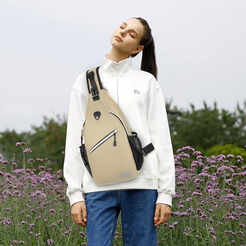 MOSISO Brusttasche Sling Bag Sling Rucksack Schulterrucksack,Polyester Multipurpose Crossbody Schultertasche Umhängetasche Sporttasche Reise Wander Daypack für Herren Damen, Beige,Mittel