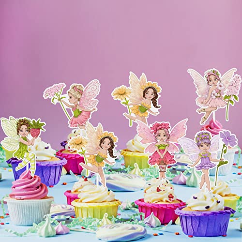 24 Pcs Fairy Cupcake Toppers Elves Theme Watercolor Style Birthday Party Cupcake Decoration For Pink Girl Sunflower Strawberry Bridal Shower Wedding Favors #TOP6
