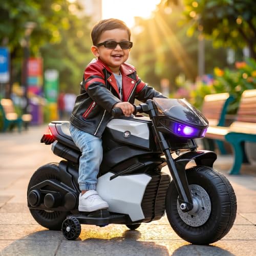 Image of Toyzone Charlie Mini Electric Bike (Black & White) | 6V Rechargeable Bike with 4.5Ah Battery | LED Lights, Music | Smooth Acceleration | 6M Battery Warranty | Age 1.5-4 Years, Upto 30 kg