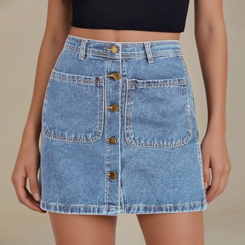 Women's Button Down High Waisted A Line Jean Stretchy Mini Denim Skirt Front Short Pencil Skirt with Pockets3