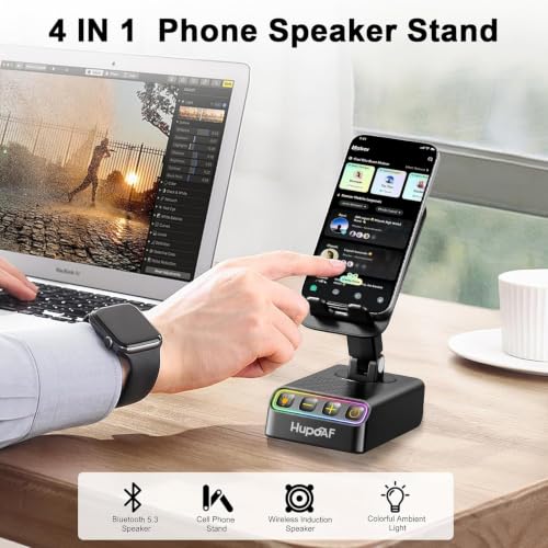 Image of Adjustable Cell Phone Stand with Wireless Induction Bluetooth Speaker, HD Surround Sound & RGB Rhythm Lights, Foldable Portable Stand for Desk, Kitchen Counter, Home Office, Gift for Men Women Dad Mom