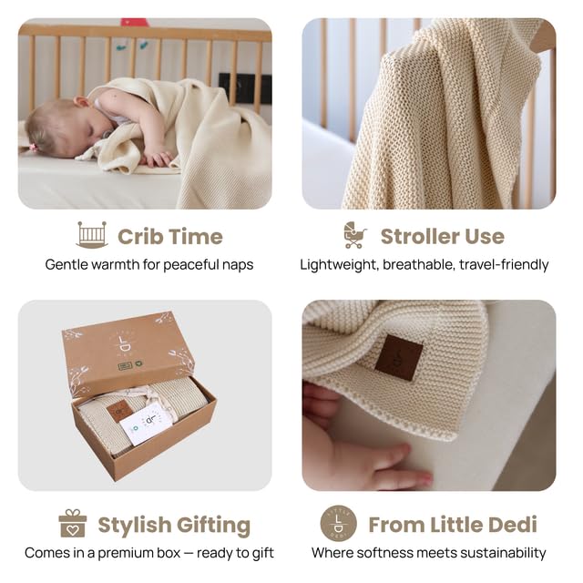 Image of 100% Organic Cotton Baby Knitted Blanket with Gift Box - Soft Toddler, Crib, Stroller Blanket - Neutral Swaddle and Receiving Blanket for Newborns, 30 inchx40 inch, Beige