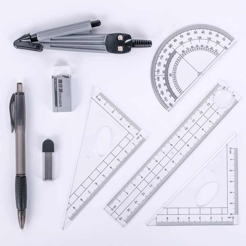 8 pieces Geometry Compass Set Grey Drafting Set School Maths Protractor Set Pencil Lead Refills Compass Pencil Eraser Rulers with Carry Case for Drafting Student Teacher School - Image 2