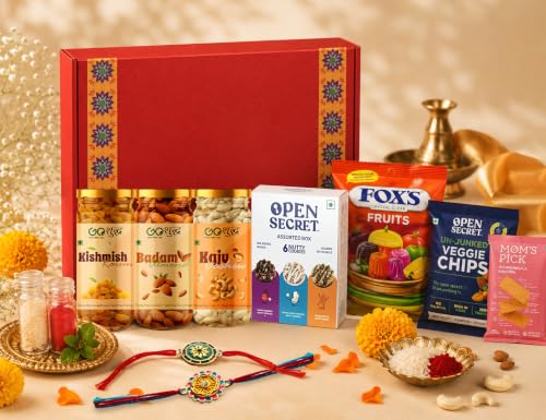 Image of Goshudh 9 Item Premium Rakhi Gift Hamper for Brother & Sister | Almonds, Cashews, Raisins, Open Secret Assorted Cookies, Fox's, Veggie Chips, Mom's Pick Khakhra, Set of 2 Designer Rakhi with Roli Chawal | Luxury Raksha Bandhan Gift Box