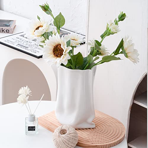 Liotww Ceramic Paper Bag Floral Vase, Modern Crinkle Bag Wide Mouth Unique Vases, Trendy Minimalist Square Vases For Centerpieces Table Decor (White W 7 In X H 9.2 In) #TOP1
