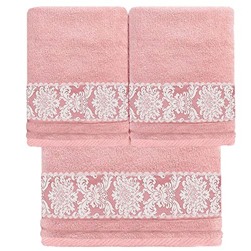 Juego 3 Toallas Premium, 100% Algodón 600 gr/m2.― 1 Baño grande (100x150 cm), 2 Lavabo (50x100cm), Color Rosa con cenefa Greca Estampada ― O'LANG 10025 Cover