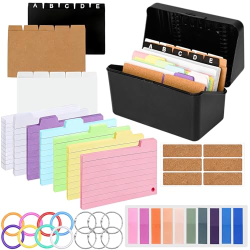 ACOMTUO Karteikarten Box mit 150 pcs 6 Farbindex 100 Notizzettel mit horizontalen Linien 15 Registern 6 Etikettenaufkleber aus Holz 8 Farbige Kunststoffringe 1 Haftnotizen 6 Metallring