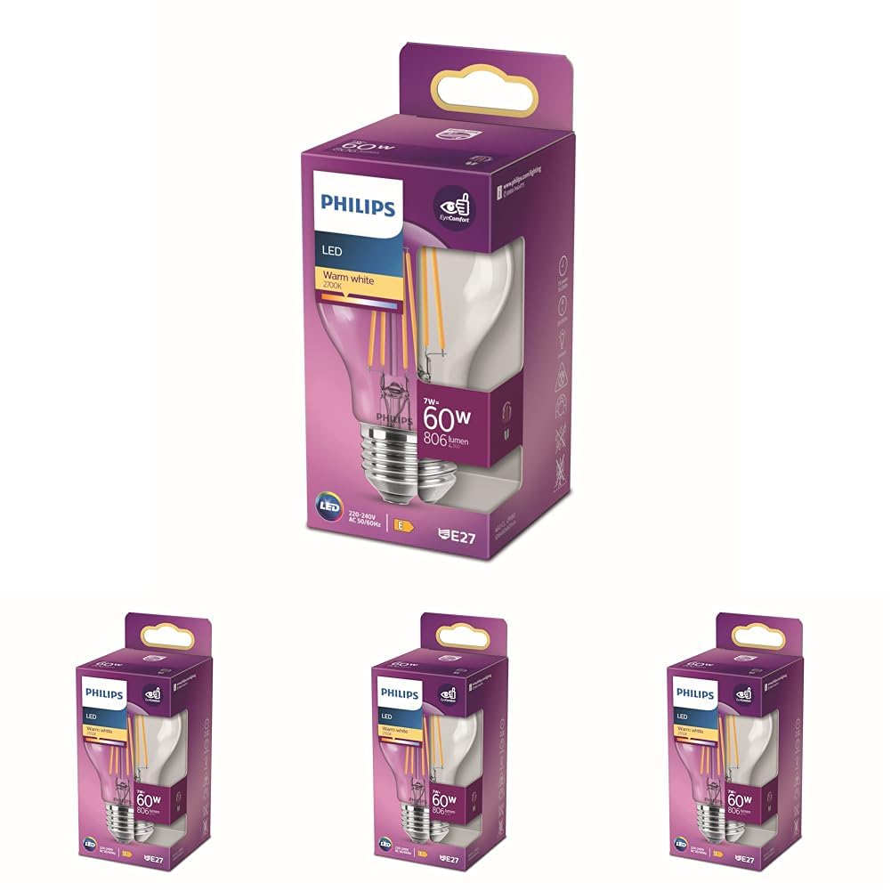 Philips LED Classic 60W A60 E27 Non-Dim 2700K Sarı Işık LED Filament Ampul 4lü paket