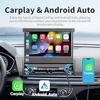 2026 7-inch Motorized Flip-Out Single Din Car Stereo with Apple CarPlay & Android Auto, Bluetooth, HD Touchscreen, Backup Camera, USB/SD/AUX Input, AM/FM Radio, Subwoofer Support & DSP