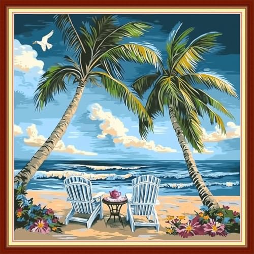 Image of Redxing Stamped Cross Stitch Kits Embroidery kit for Beginners Adults Full Range of Embroidery Patterns Starter Kits DIY Printed Cross Stitch Kits Needlepoint Kits 11CT-Drink Tea Seaside 18x18 inchs