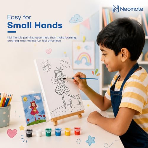 Image of Neomate Canvas Painting Kit for Kids | DIY Painting Set with 3 Printed Canvas, 6 Acrylic Paint Pots & Brush | Art and Craft Kit, Paint Kit for Kids, Birthday Gift, Return Gift, Creative Activity Set