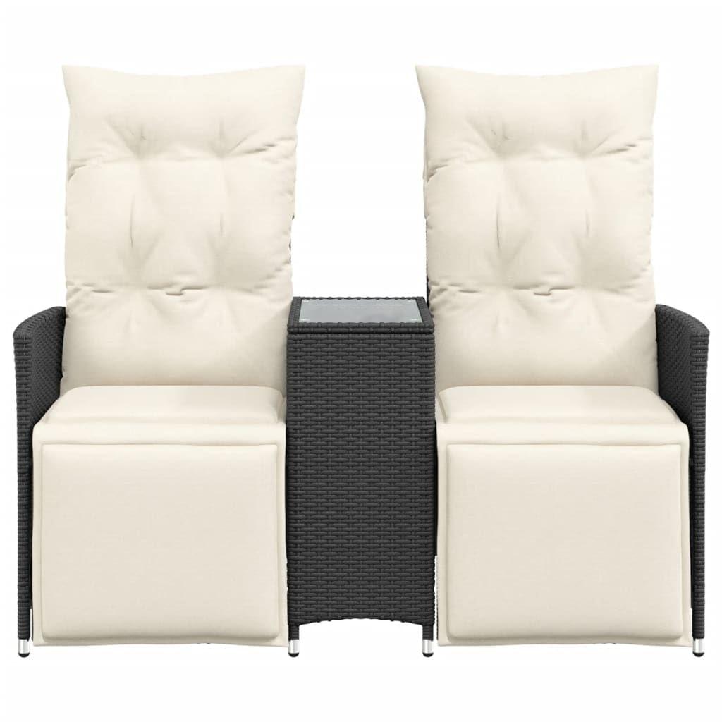 IKAYAA Balkonmöbel Set mit integriertem Tisch, Verstellbare Hochlehner Stühlen, Polyrattan Gartenbank 2-Sitzer, Gartensofa 2-Sitzer, Balkon Sitzgruppe, Schwarz, Hartglas Tisch
