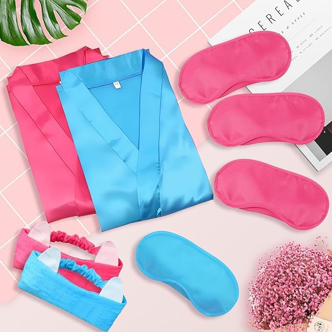 MSYU Juego de 30 piezas de suministros de fiesta de spa para niñas, batas de satén para fiestas de pijamas, suministros para fiestas de pijamas con diadema y venda para los ojos, regalo de cumpleaños