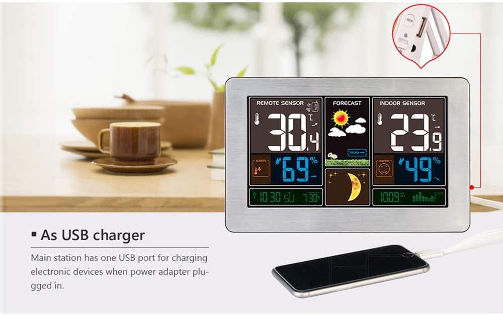 infactory Weerstation met voeding: draadloos weerstation met buitensensor, wekker en USB-oplaadpoort (2 ampère) (weerstation met stopcontact, weerstation met blok
