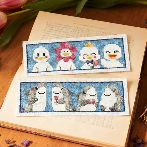 Image of INFUNLY 6PCS Horizontal Animals Cross Stitch Bookmarks Kits 3x8.5inch Brave Penguin Stamped Embroidery Bookmark Set Pets Cats Dogs Needlepoint Bookmark Kit with Instruction for Book Lovers Writer