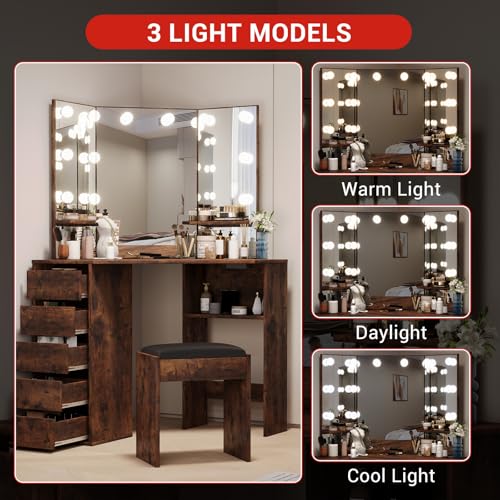 GarveeHome Corner Vanity and Stool, Corner Vanity Desk with Mirror and Lights, Corner Makeup Vanity with Power Outlet, 3 Color & Brightness Adjustable Light, Makeup Vanity for Girls,Dark Brown