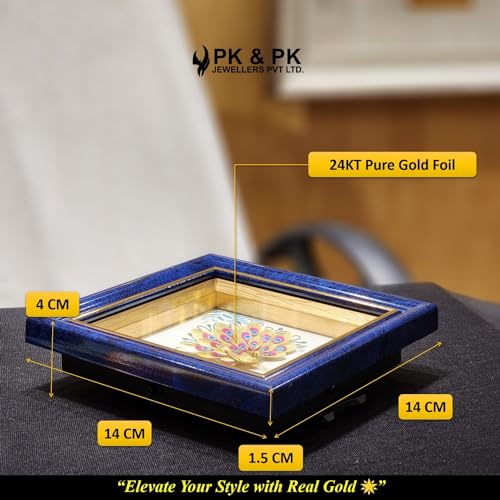 Image of Pk & Pk Jewellers Dancing Peacock with Blue Tabletop | 24KT Gold Square Frame | Extra Small Size [14x14 cm] (For Premium Luxury Gift, Home Decor, Table Decoration)