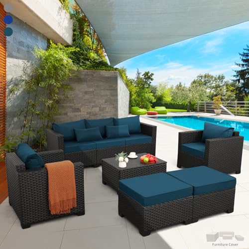 Rattaner Patio Furniture Set 6 Pieces Couch Outdoor Chairs Coffee Table Peacock Blue Anti-Slip Cushions and Waterproof Covers
