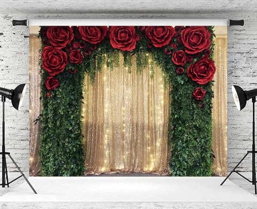 Fondo fotográfico rojo con rosas y lentejuelas 7x5ft miniatura 3