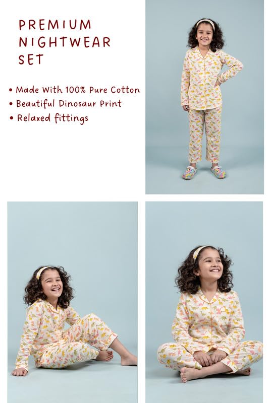Image of Tweeny Mini Kids Girls Pure Rayon Night Suit | Sleepwear| Night Wear | Nightdress | Top Shirt & Pyjama Combo Set Floral Printed with Pockets Full Sleeves
