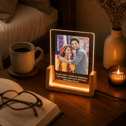 Image of Giftplease Personalized LED Acrylic Photo Frame with Custom Photo & Text | Engraved Acrylic Picture Lamp | Wooden LED Base | USB Night Light | Anniversary Wedding Birthday Couple Family Home Decor