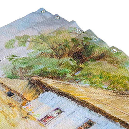 Rideau de douche polyester paysage rural lavable avec crochets 183x183cm