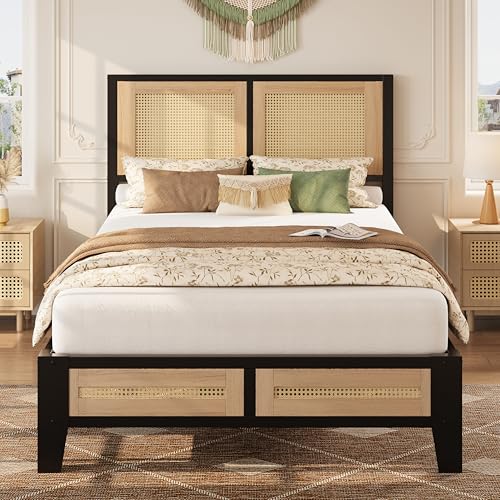 LIKIMIO Rattan Twin Bed Frame with Headboard Boho Bed with Noise-Free