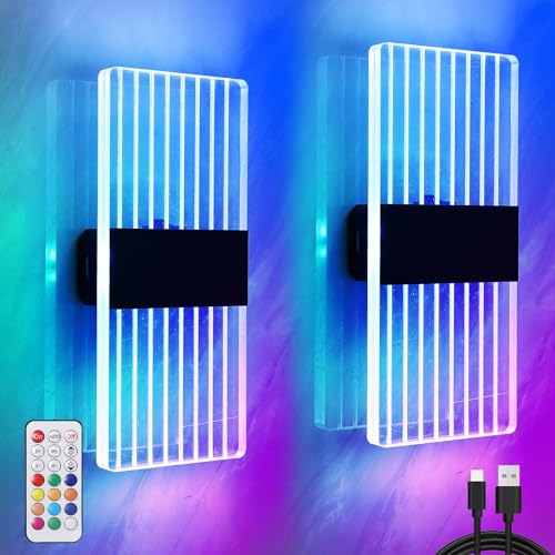 Kabellos USB Aufladbare Akku Wandleuchte, Smart RGB Wandlampe Mit Fernbedienung, 12 Farbwechsel+100 Dynamische Modi, Innen LED Dimmbare Batterie Wandleuchte Mit Schalter, Deko lampe, Schwarz, 2 Stück