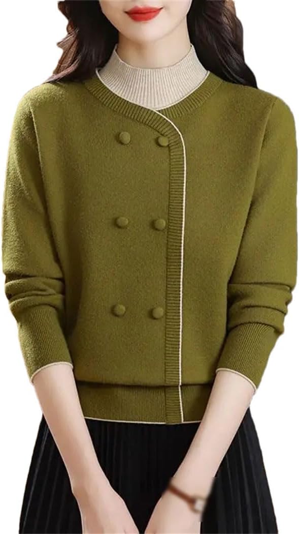 Women's Long Sleeve Sweaters Fake Two Pieces Mock Neck Double Breasted Thicken Knit Tops