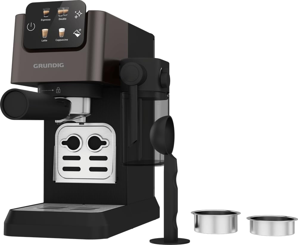 GRUNDIG KSM 5330 Cafetera con depósito de leche integrado, potencia 1628 W, presión de bomba 15 bar, doble boquilla, pantalla táctil colorida, BrewSense, CreamyPro, Dark Inox/Negro
