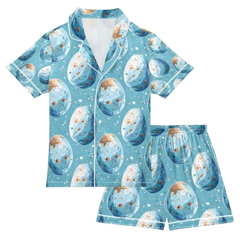 senya Watercolor Blue Egg Satin Summer Pajama Sets Silk Short Sleeve Button Down Sleepwear