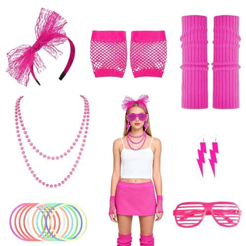 RAOPNHS 80er Jahre Outfit Damen 16-Teilig Neon Set, Karneval Kostüm Damen Mit Leuchtarmbändern,...