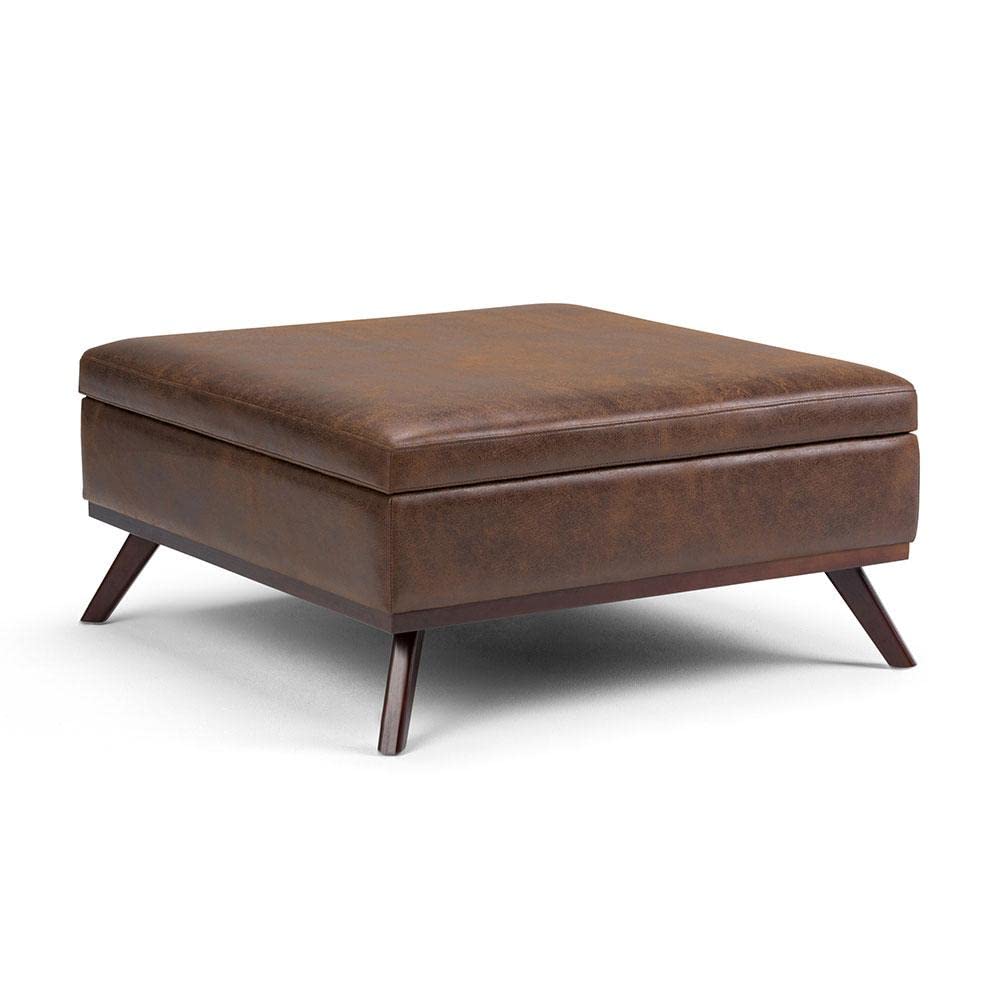 SIMPLIHOME Owen 36 inch Wide Square Coffee Table Lift Top Storage Ottoman, Cocktail Footrest Stool in Upholstered Distressed Chesnut Brown Faux Leather, Mid Century Modern, Living Room